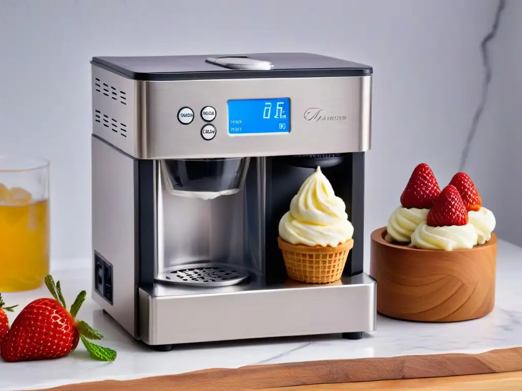 Elegante máquina para hacer helados gourmet en mármol con ingredientes frescos