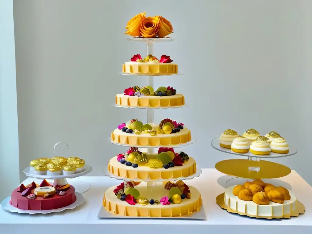 Una elegante mesa de postres en evento corporativo, con exquisiteces y decoraciones lujosas