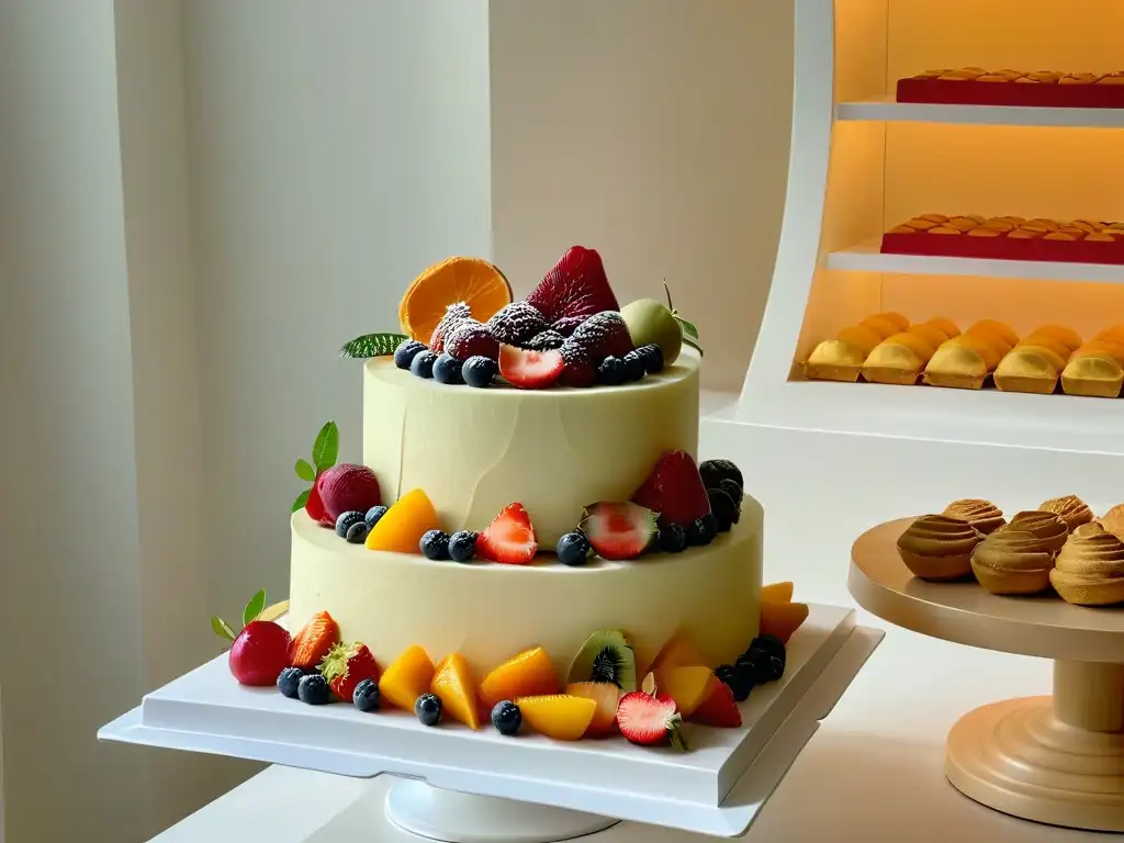 Elegante mesa de postres en evento corporativo con frutas y pasteles en estaciones