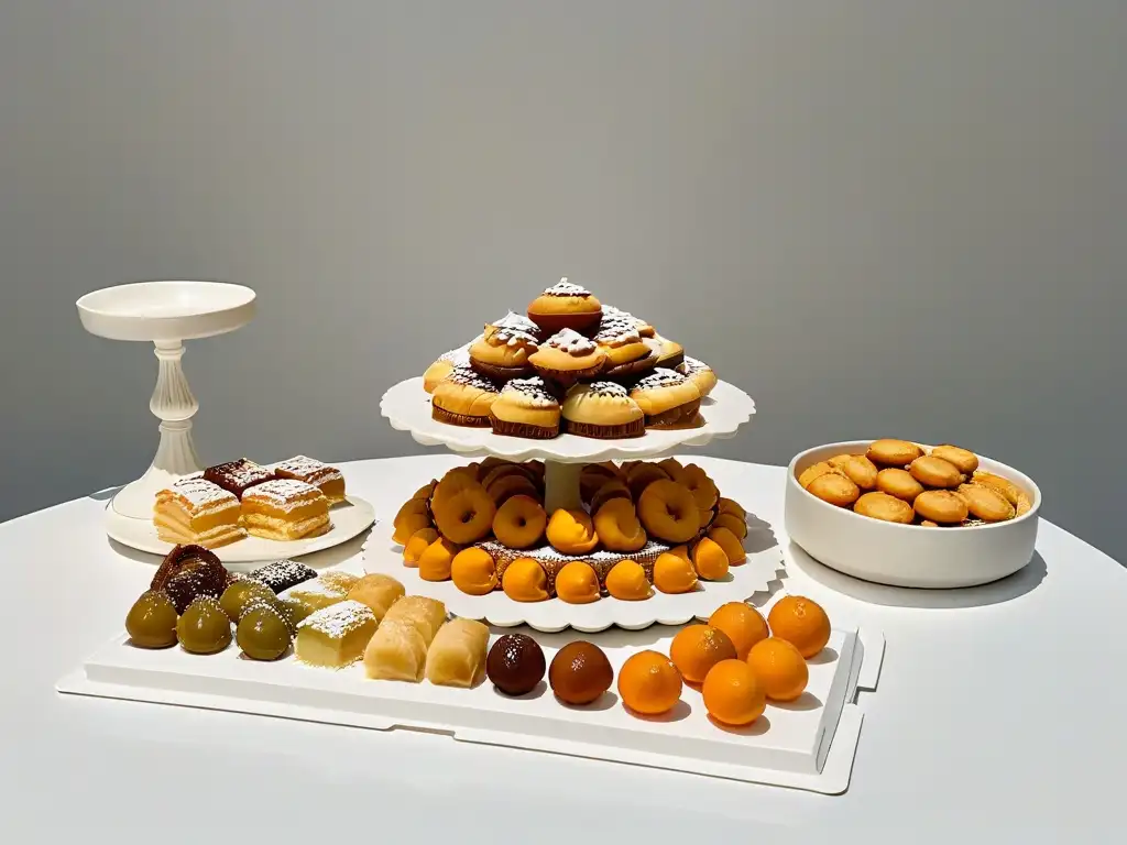 Una elegante mesa de postres griegos tradicionales como Baklava, Galaktoboureko y Loukoumades