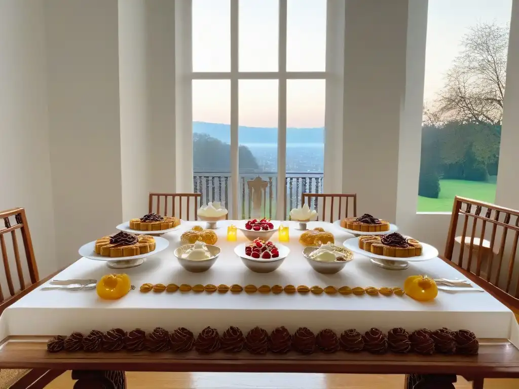 Una elegante mesa con postres históricos inspirados en la Última Cena, servidos en vajilla fina y cubiertos de plata bajo una cálida luz de velas
