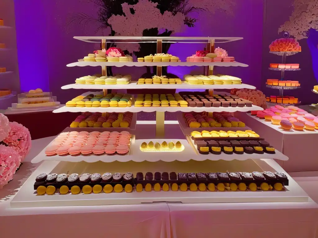 Mesas de postres elegantes y exquisitos en evento de lujo Elegante mesa de postres de lujo para eventos con macarons, mini tartaletas y chocolates artesanales, decorada con flores pastel y iluminación cálida