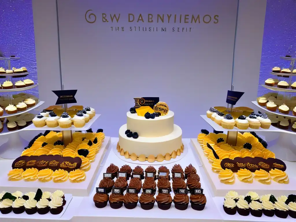 Una elegante mesa de postres personalizados para eventos corporativos, con cupcakes y galletas con logos de empresa