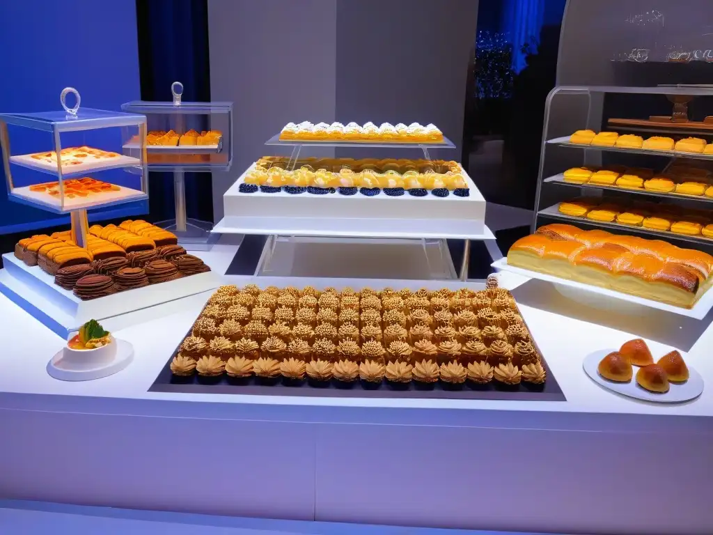 Una elegante mesa de postres con repostería artesanal e industrial, en un evento corporativo