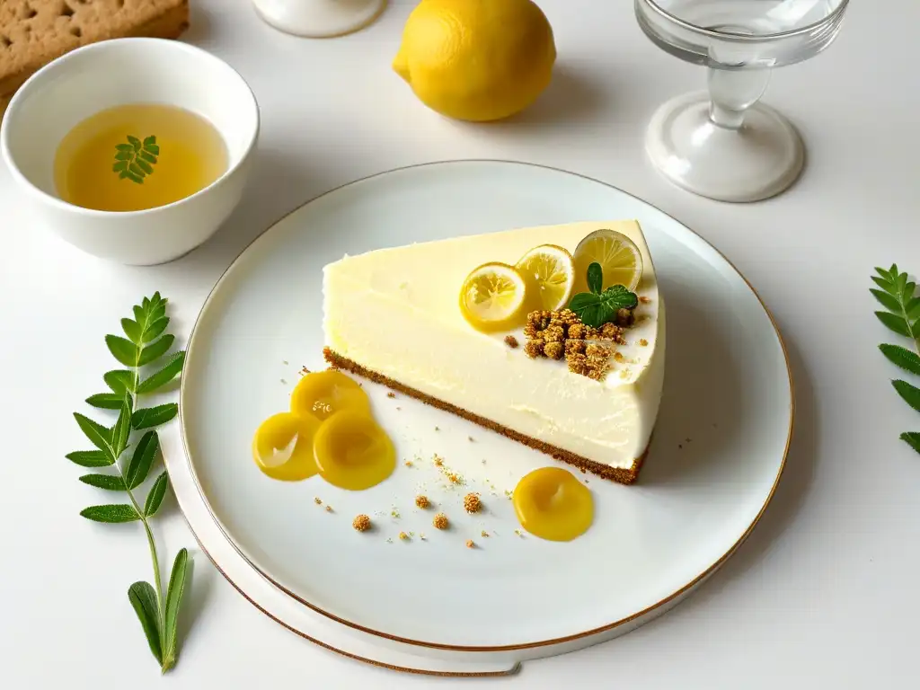 Una elegante mesa con tarta de queso limón gourmet, té artesanal y galletas esparcidas