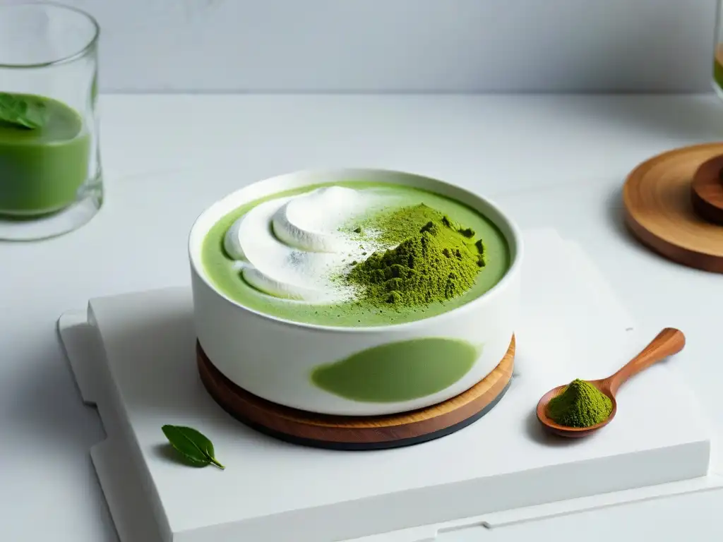 Fotografía de una elegante mesa de mármol con utensilios y té matcha, ideal para recetas con té matcha para repostería