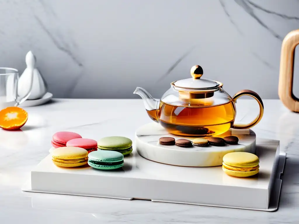 Una elegante mezcla de té y postres en un set moderno con macarons coloridos sobre mesa de mármol