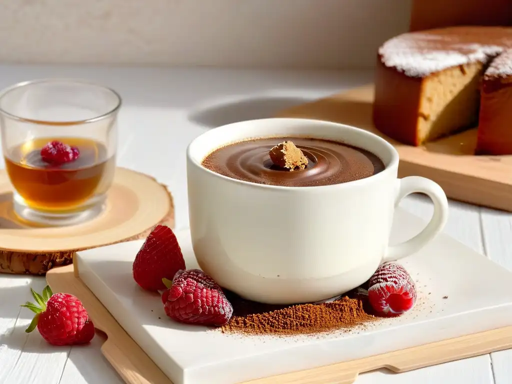 Una elegante mezcla de té y postres: taza de porcelana blanca con té ambarino y tiramisú con frambuesas, sobre mesa de madera