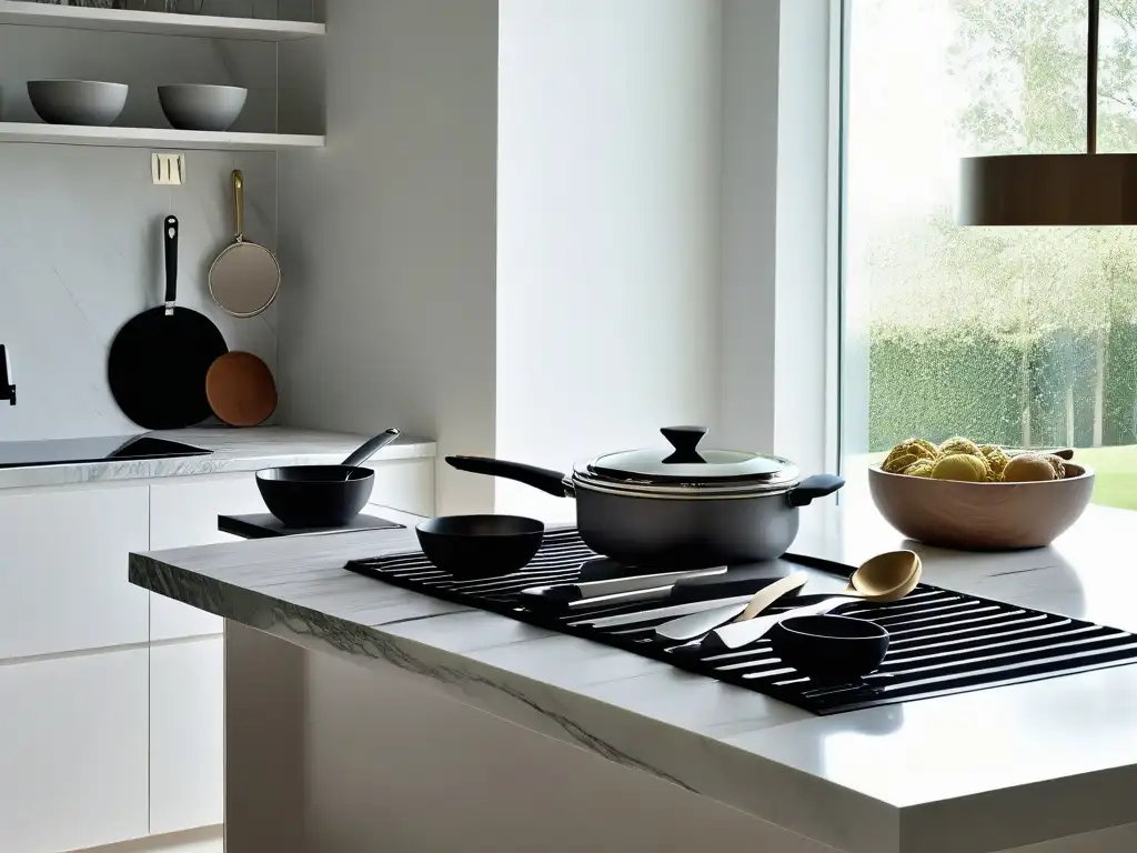 Un elegante y minimalista isla de cocina con encimera de mármol, utensilios de acero inoxidable y luz natural