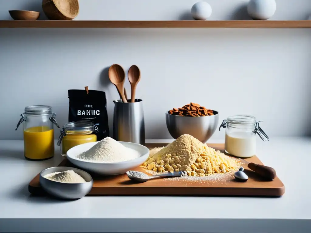 Un elegante y minimalista mostrador de cocina con utensilios e ingredientes para repostería sin gluten deliciosa