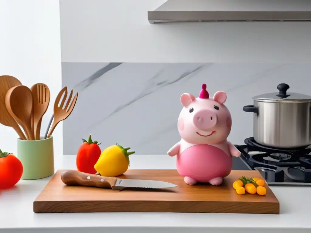 Un elegante y moderno diseño de cocina con utensilios de cocina Peppa Pig en un toque sutil