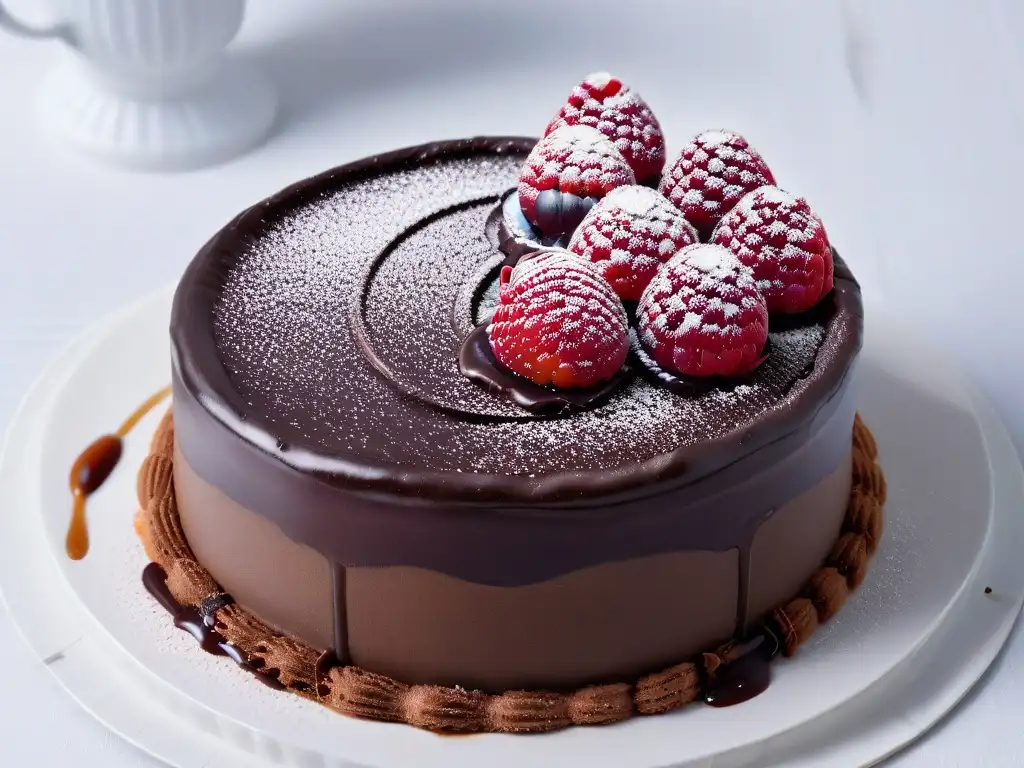 Un elegante y moderno pastel de chocolate con adornos refinados y una sola frambuesa, sobre una superficie brillante