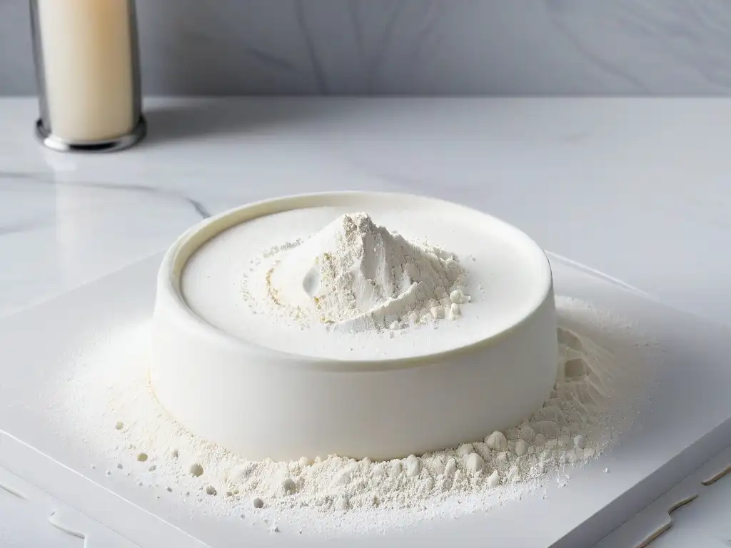 Un elegante mostrador de mármol blanco cubierto con harina sin gluten para repostería, destacando su textura fina y delicada