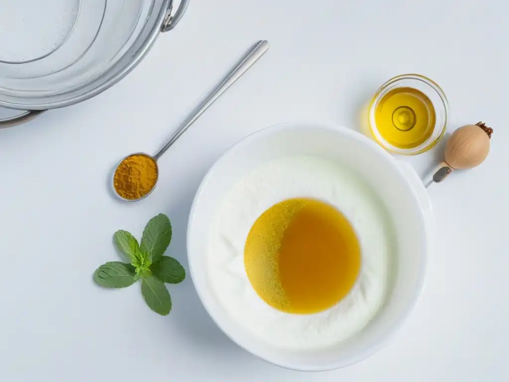 Un elegante mostrador de mármol blanco con edulcorantes saludables para hornear en un bol de vidrio, resaltados por luz suave