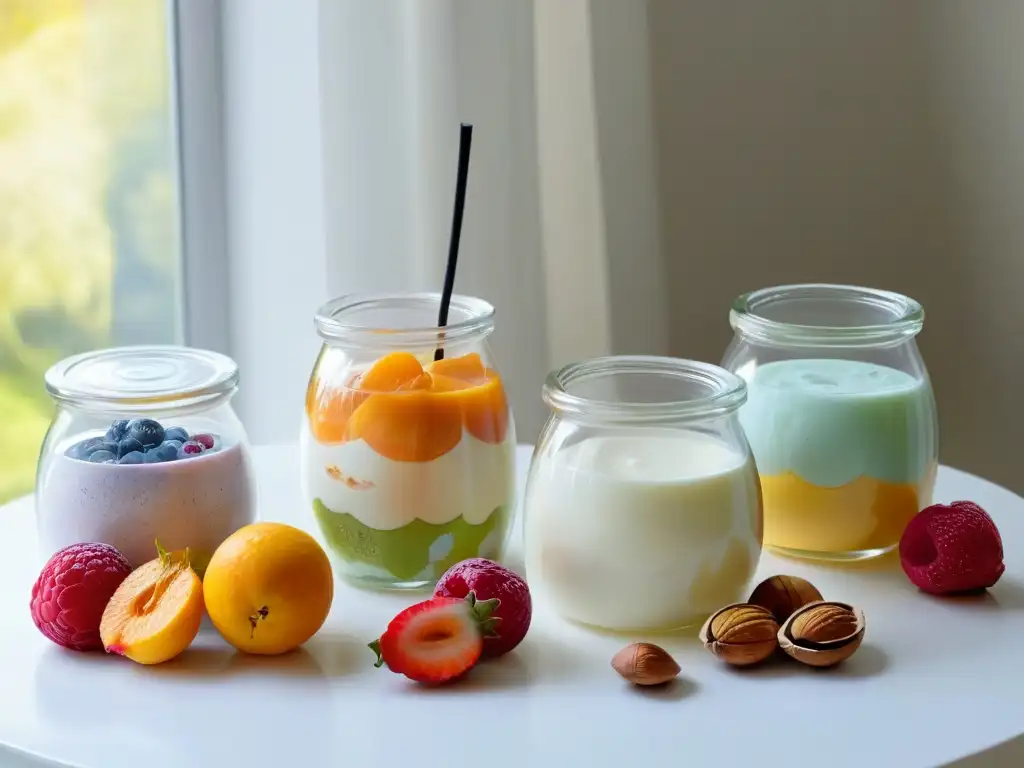 Deliciosos postres sin lácteos en cocina moderna Un elegante mostrador de cocina con alternativas lácteos dulces sin lactosa en frascos de cristal, decorados con frutas frescas y nueces