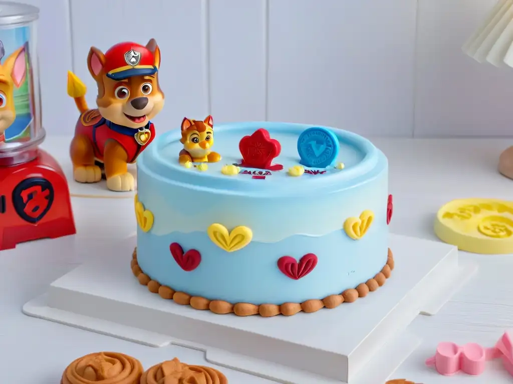 Un elegante mostrador de cocina con productos de repostería Paw Patrol licenciados, bañados por una suave luz natural