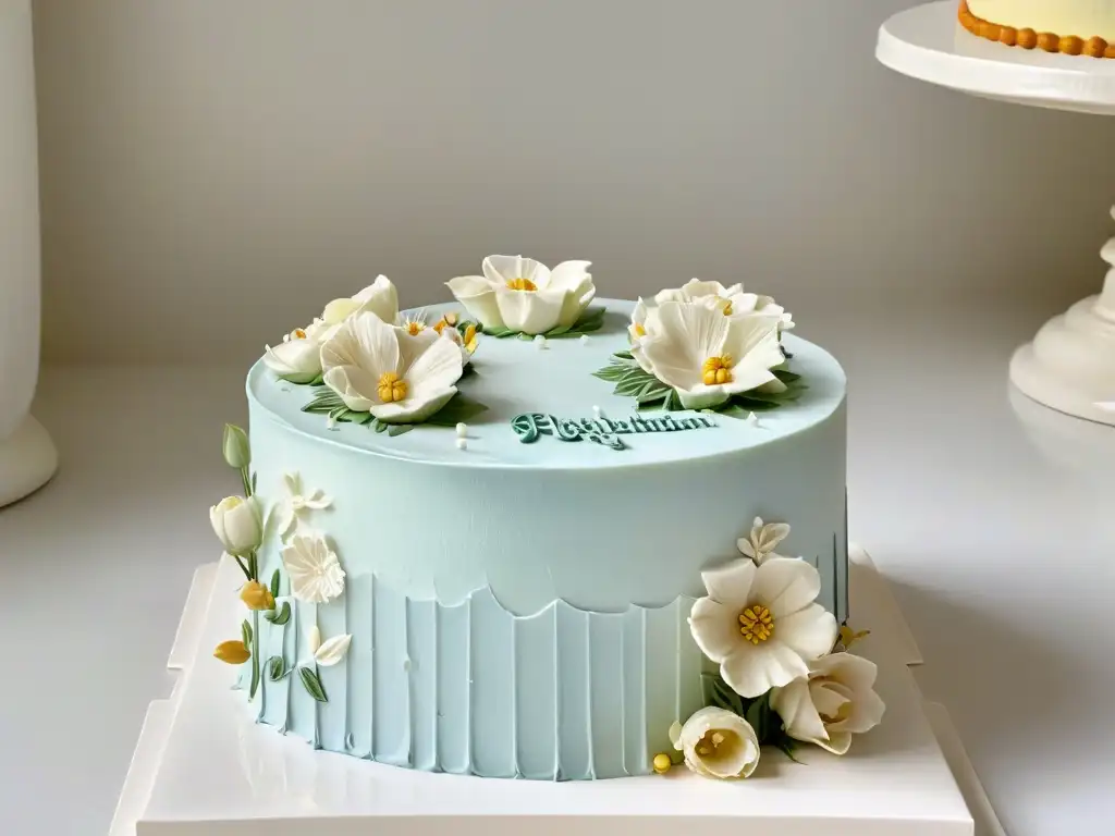 Un elegante pastel blanco con detalles de decoración en tonos pastel, sobre un soporte de mármol