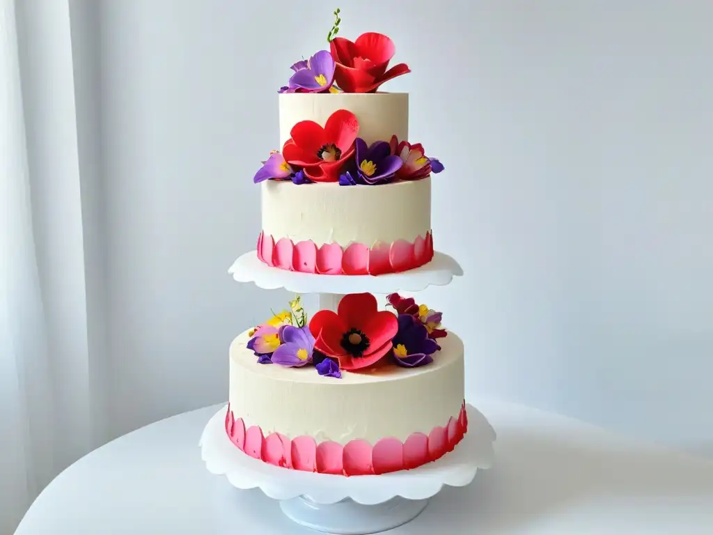 Elegante pastel de boda con flores comestibles en tonos rosa, púrpura y blanco