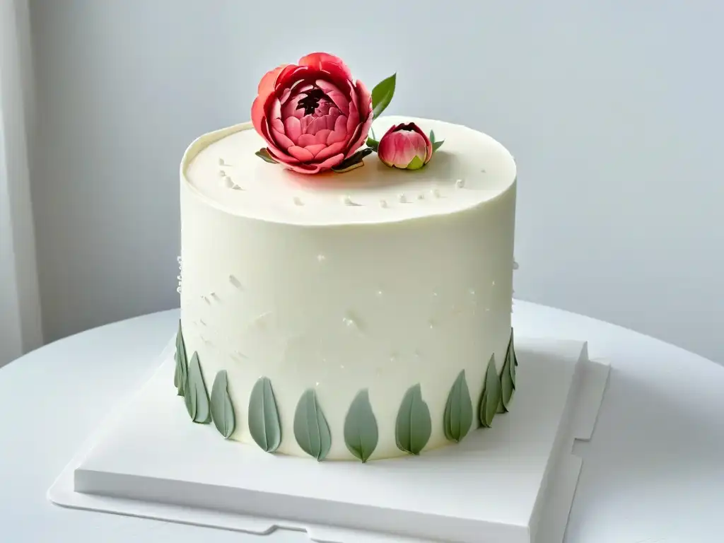 Elegante pastel de boda minimalista con peonía rosa en fondant blanco, en un ambiente luminoso y delicado