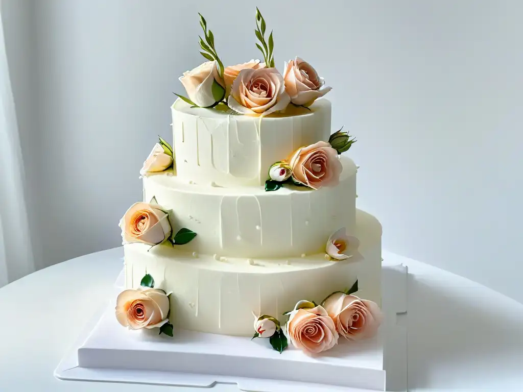 Un elegante pastel de boda minimalista con rosas pastel, en un ambiente sereno y sofisticado