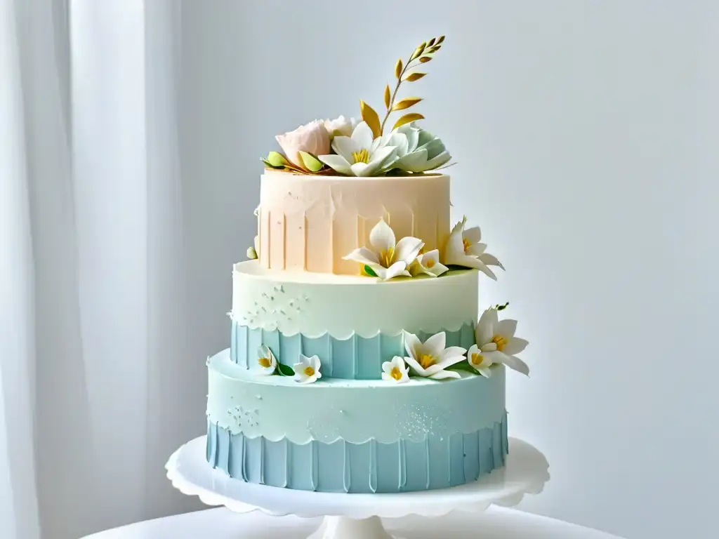 Elegante pastel de boda minimalista en tonos pasteles con flores de azúcar y patrones geométricos