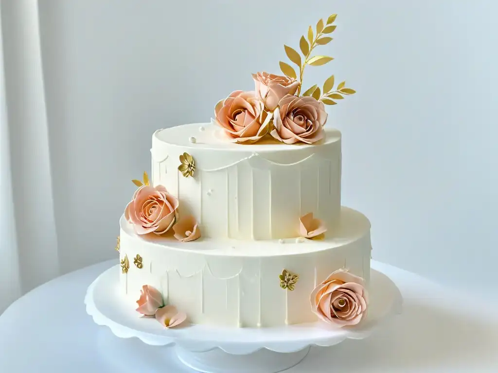 Un elegante pastel de boda de tres niveles con fondant blanco y rosas de azúcar rosa, en un diseño minimalista y sofisticado