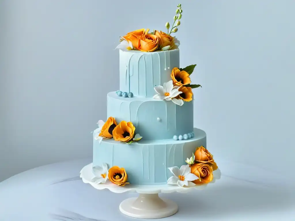 Elegante pastel de boda de tres niveles con decoraciones originales en tonos pastel sobre pedestal de mármol