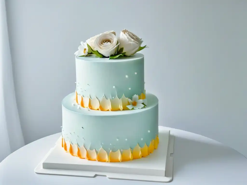 Un elegante pastel de boda 3D con patrones geométricos, detalles florales y toques metálicos, sobre una mesa moderna