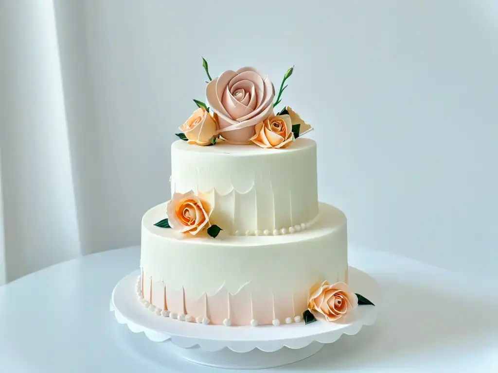 Elegante pastel de boda de tres pisos con decoraciones originales en tonos rosados suaves