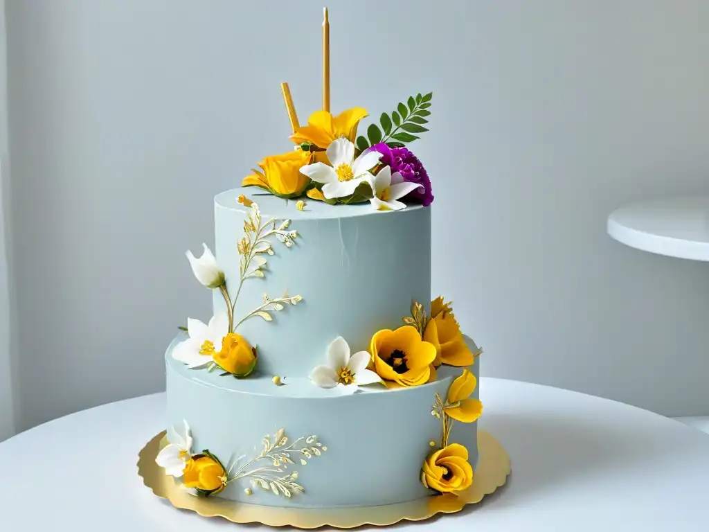 Un elegante pastel de boda vegano sin gluten de tres niveles, decorado con flores comestibles y detalles en hoja de oro sobre un fondo blanco limpio