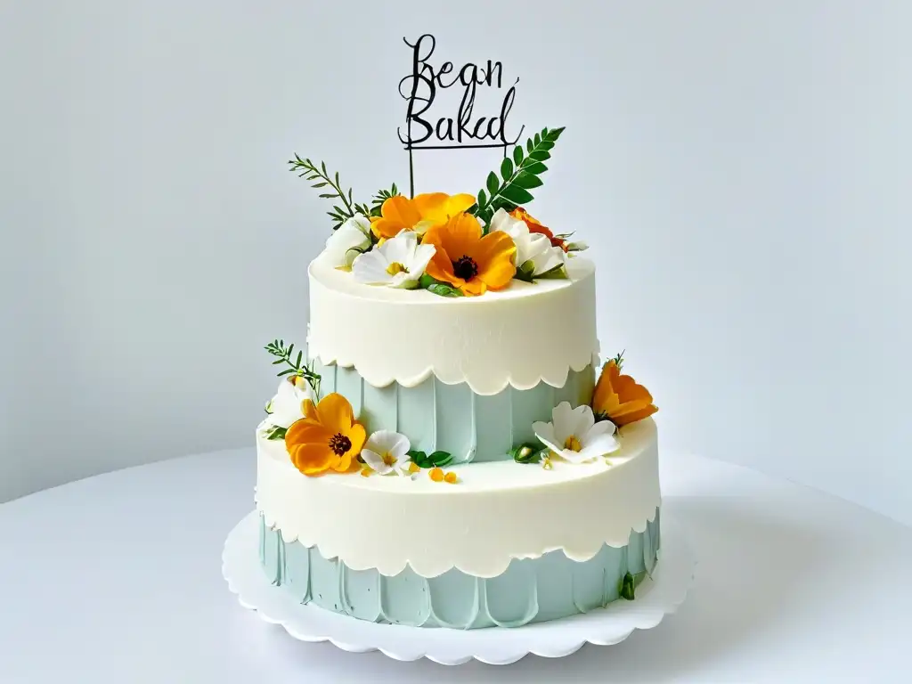 Un elegante pastel de boda vegano sin gluten en tres niveles, decorado con flores comestibles y detalles delicados, sobre fondo blanco