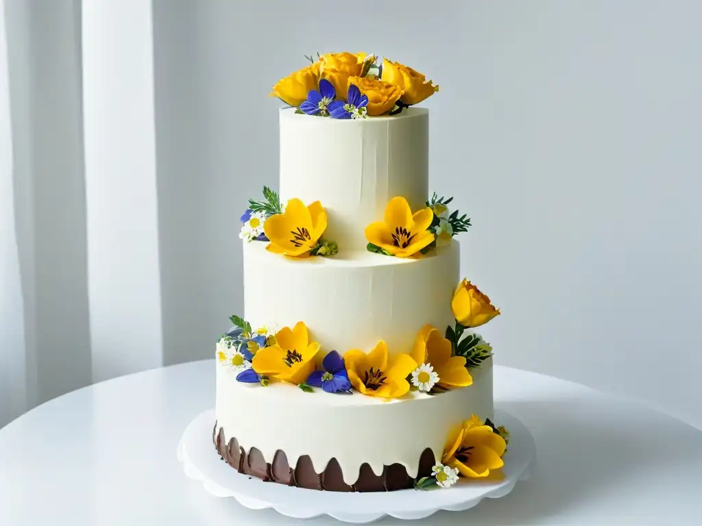 Un elegante pastel de boda vegano de tres pisos con detalles en oro y flores comestibles, ideal para repostería vegana eventos especiales