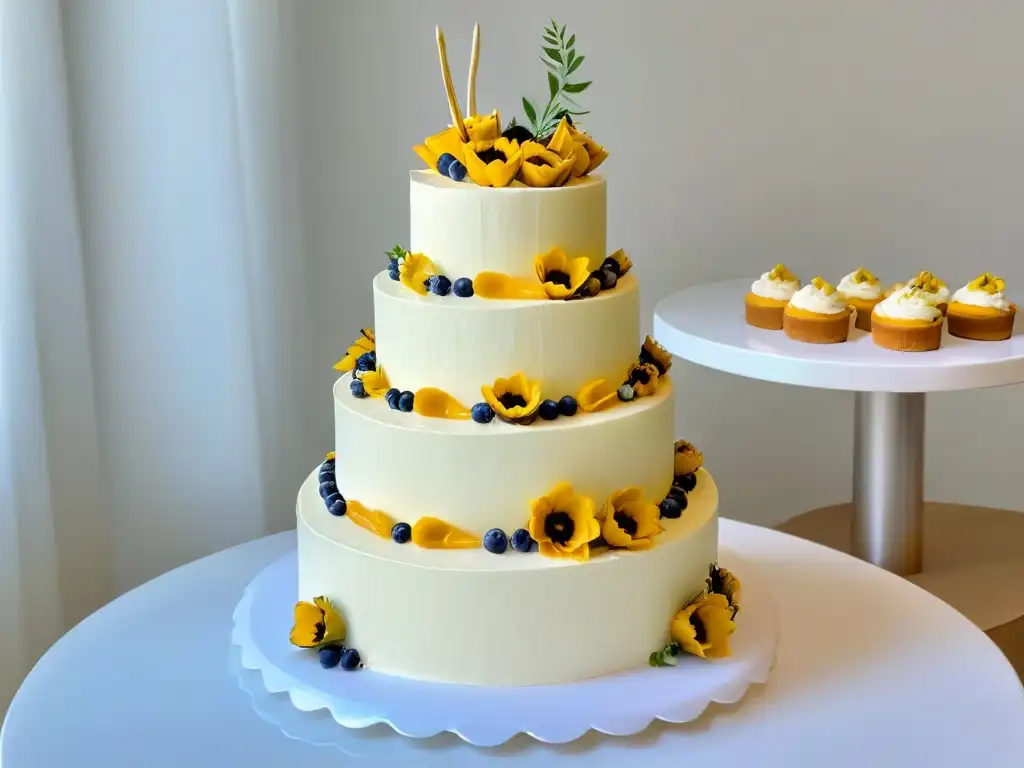 Un elegante pastel de bodas minimalista con rellenos originales de sabores internacionales, decorado con flores sofisticadas