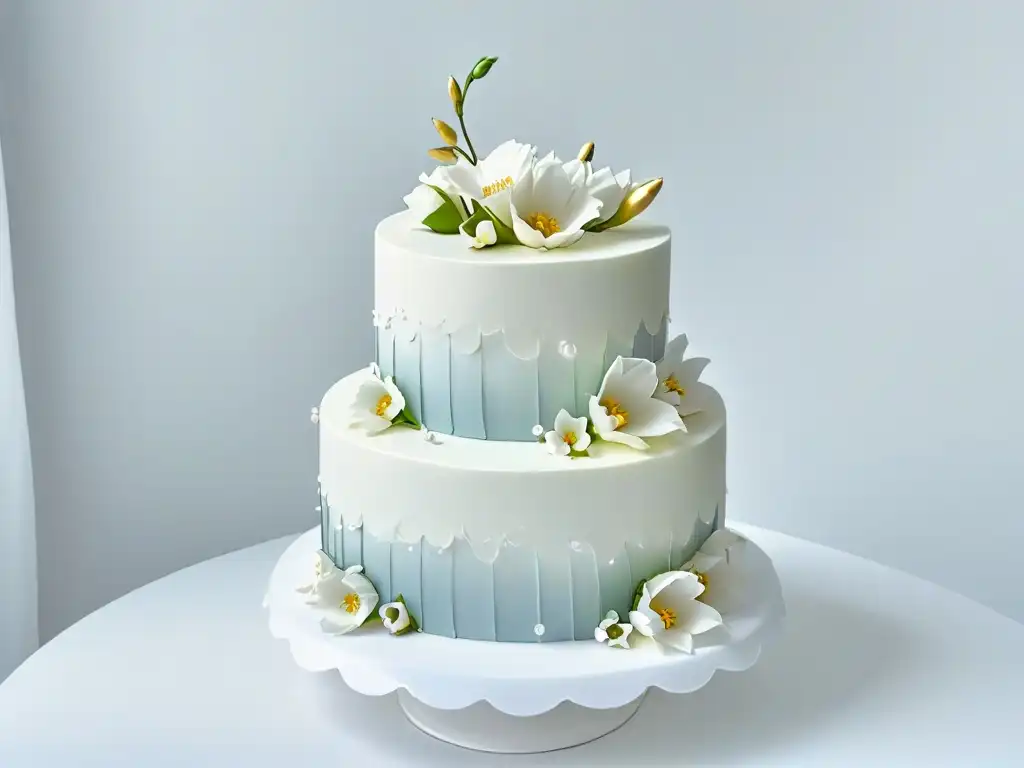 Un elegante pastel de bodas de tres niveles con flores blancas y detalles dorados, en un fondo blanco