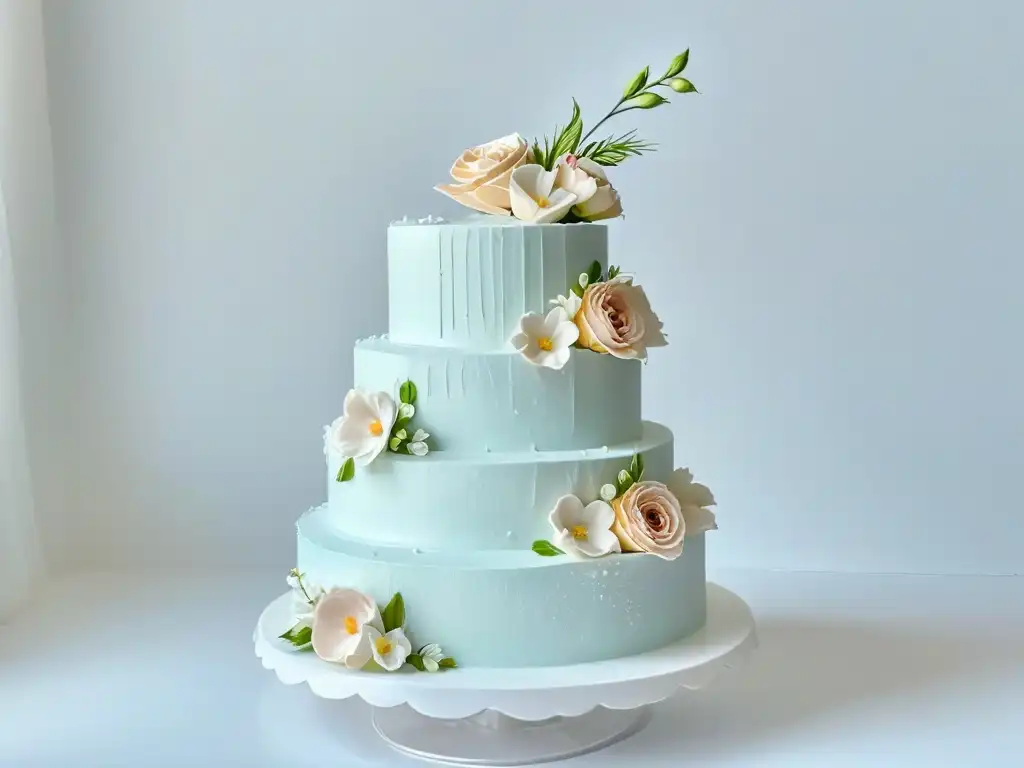 Un elegante pastel de bodas de tres niveles con decoraciones florales en tonos pastel