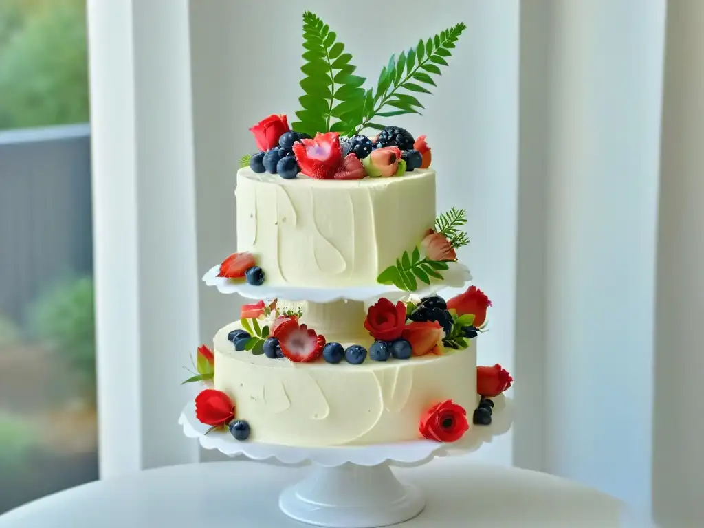 Un elegante pastel de bodas orgánico beneficios decorado con flores frescas, bayas y vegetación en un pedestal blanco