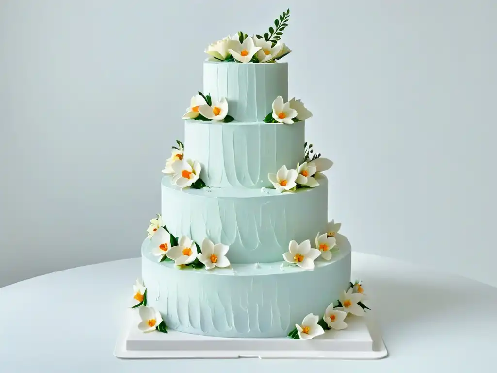 Un elegante pastel de bodas de varios pisos con adornos florales en tonos pasteles, en un fondo blanco