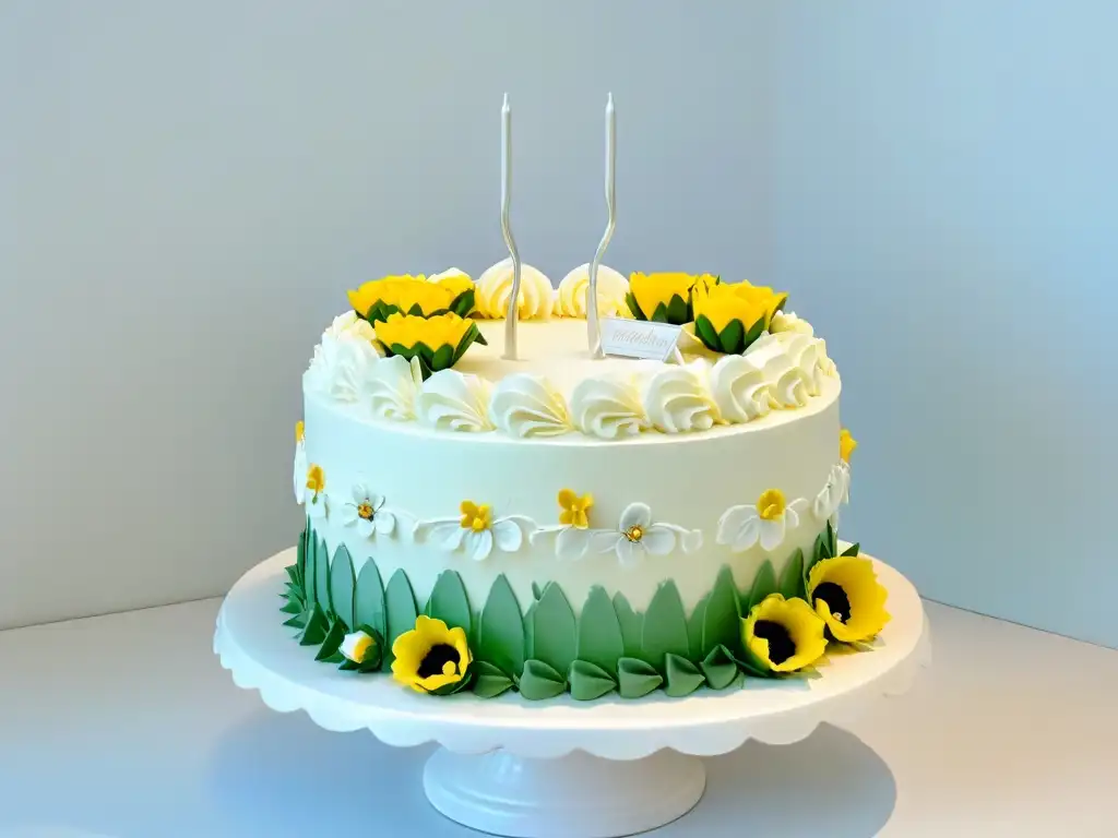 Un elegante pastel de cumpleaños tradicional decorado con flores de azúcar y detalles de repostería fina