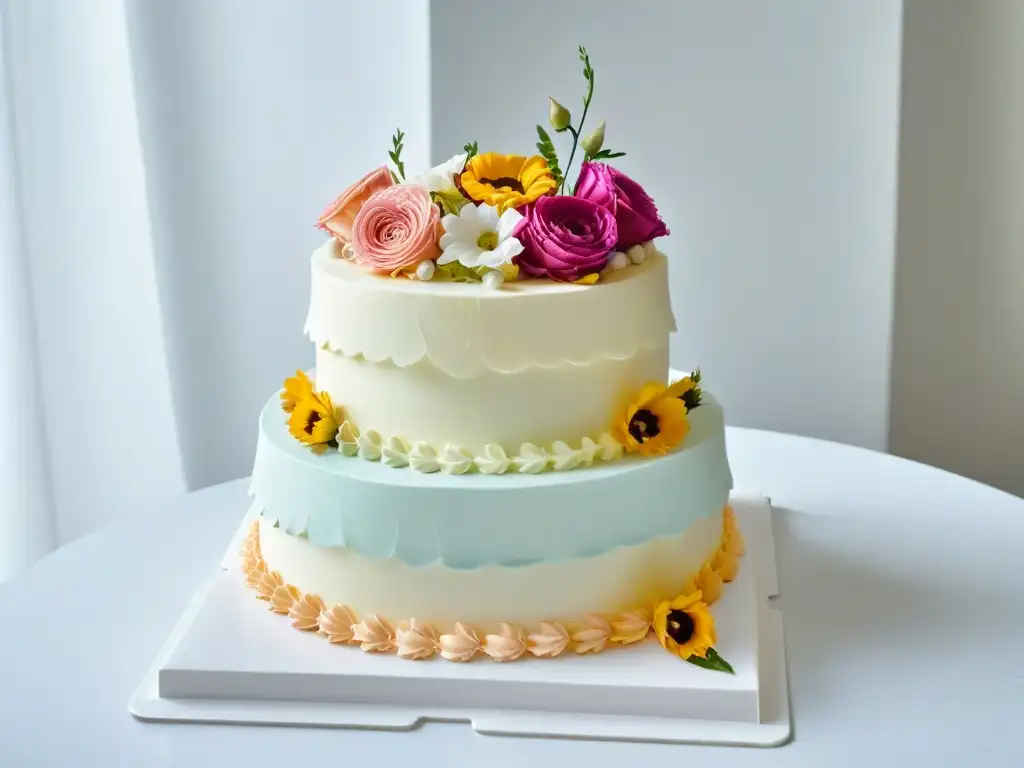 Elegante pastel decorado con detalle, flores frescas y lazos, en una pastelería acogedora