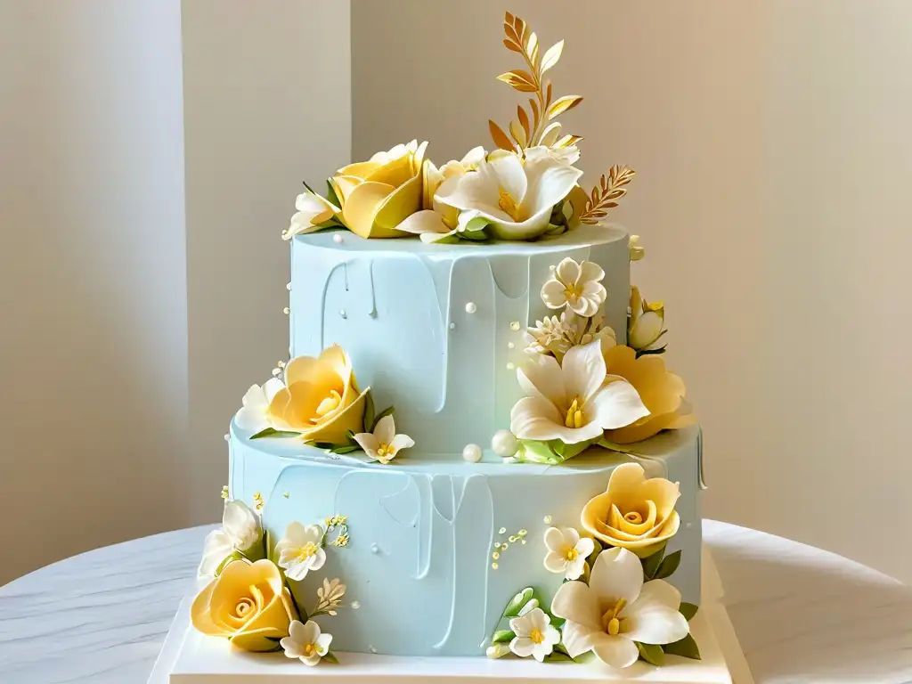 Elegante pastel decorado con flores y detalles dorados, ideal para recetas repostería con Realidad Aumentada