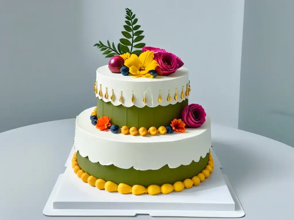 Elegante pastel con detalles culturales y decoraciones exquisitas, resaltando el significado cultural en repostería