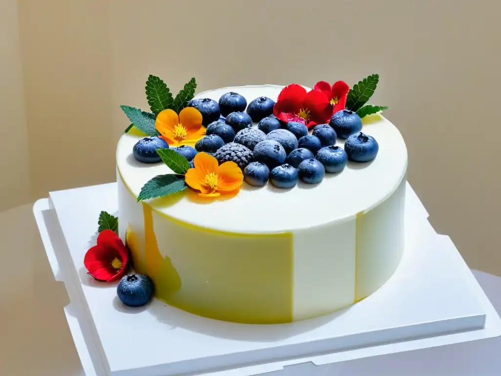 Espejo de pastel: arte culinario moderno Un elegante pastel de espejo decorado con flores comestibles y bayas frescas sobre mármol blanco