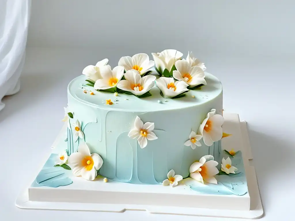 Elegante pastel de fondant blanco con acabados perfectos y flores comestibles en tonos pastel reflejando luz natural