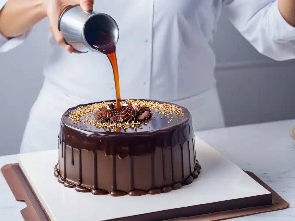 Un elegante pastel con ganache de chocolate brillante contrastando con glaseado espejo