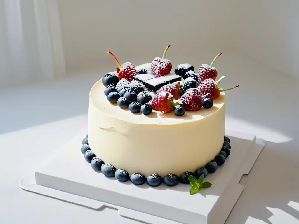 Un elegante pastel sin gluten decorado con frutas frescas en una cocina moderna y minimalista