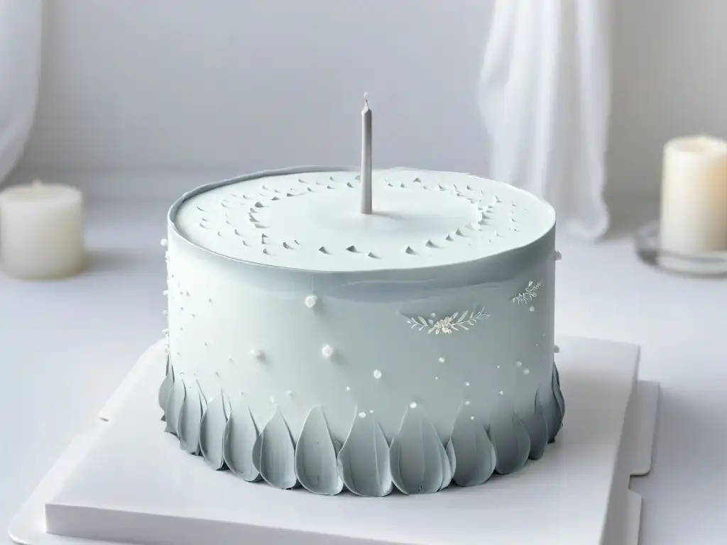 Elegante pastel minimalista en blanco y plateado, en un soporte moderno, destacando las tendencias de decoración de pasteles en revistas digitales