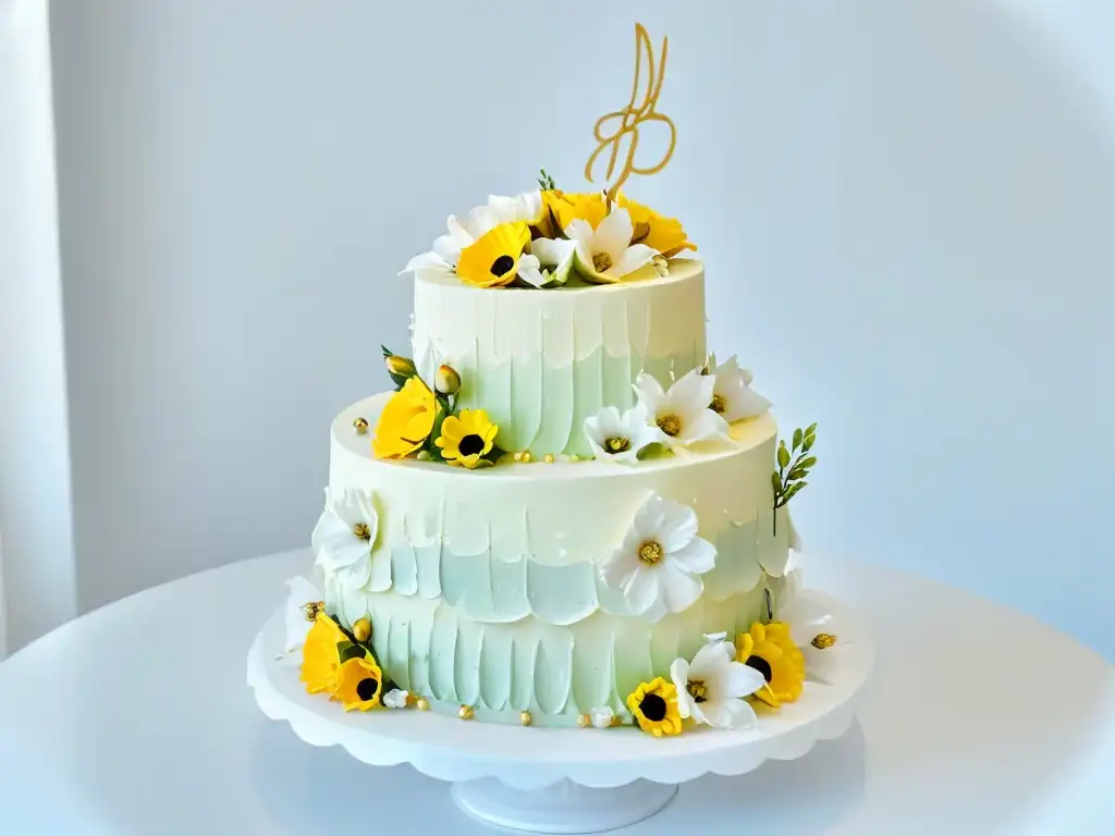 Un elegante pastel de varios pisos adornado con delicadas flores en tonos pastel y detalles dorados, perfecto para postres para fiestas de Quince