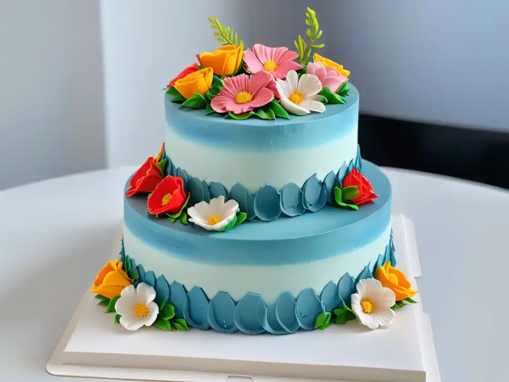 Un elegante pastel de varios pisos decorado con flores de fondant y detalles de repostería, ideal para Concursos de repostería estrategias práctica