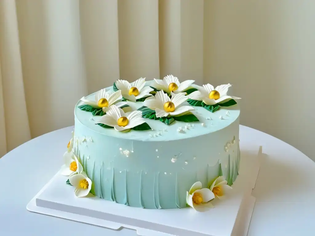 Elegante pastel de tres pisos con flores blancas y detalles en oro sobre fondo pastel, evocando sofisticación y celebración