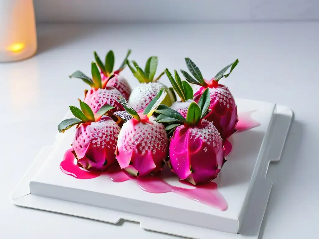 Elegante plato de postre con pitahaya, hojas de menta y miel, en cocina moderna